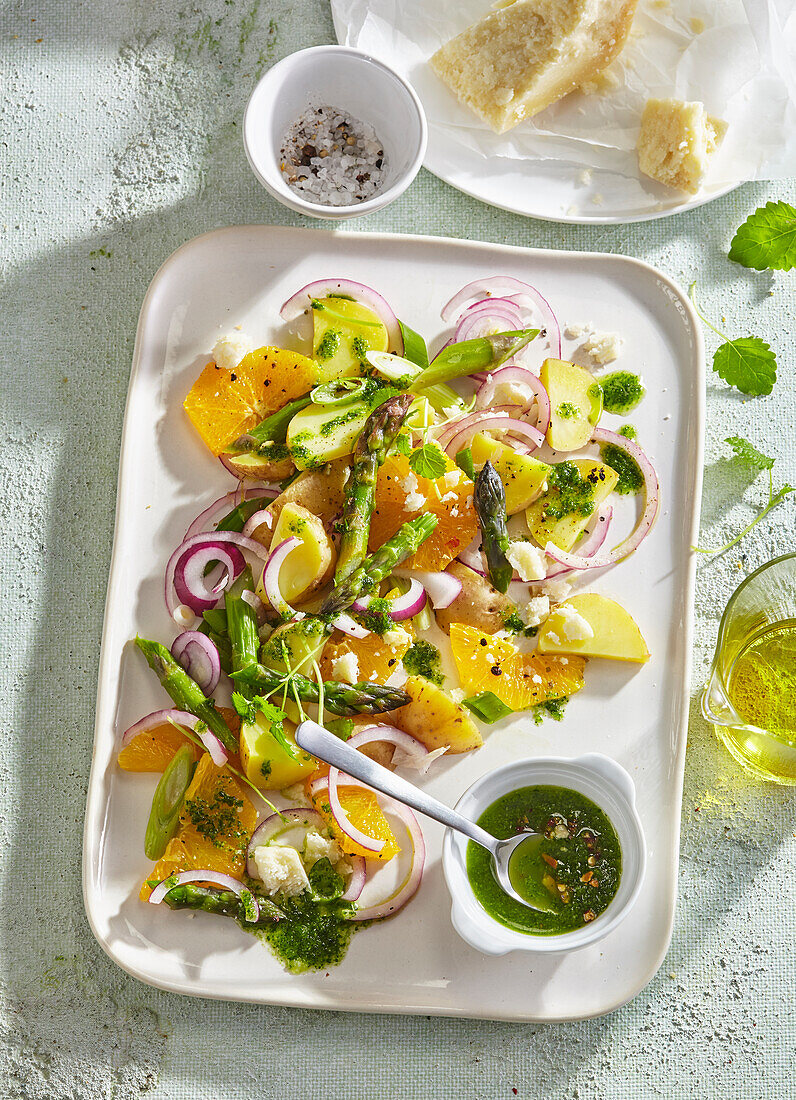 Orange potato salad with asparagus