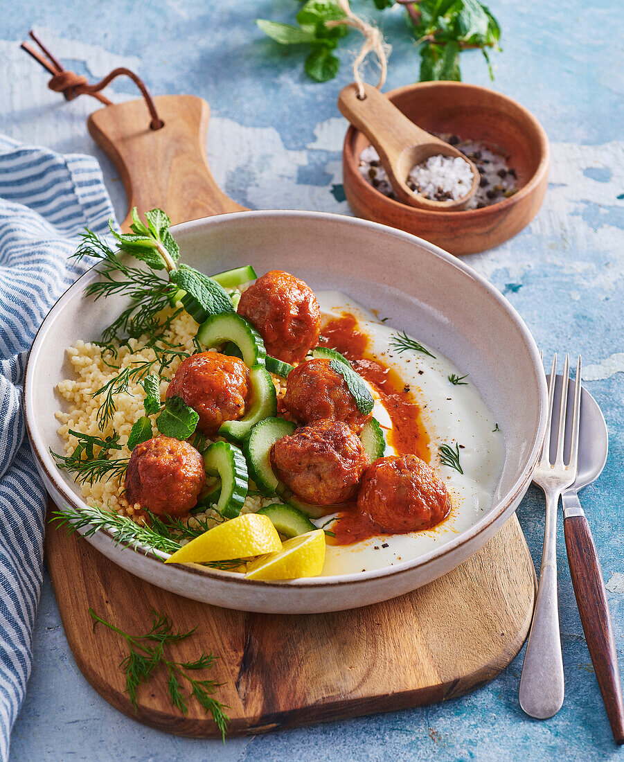 Lamb meatballs with cucumber and couscous