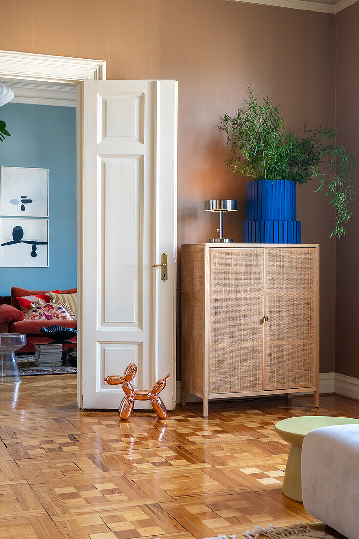 Cupboard with rattan doors and houseplant in blue pot in living room