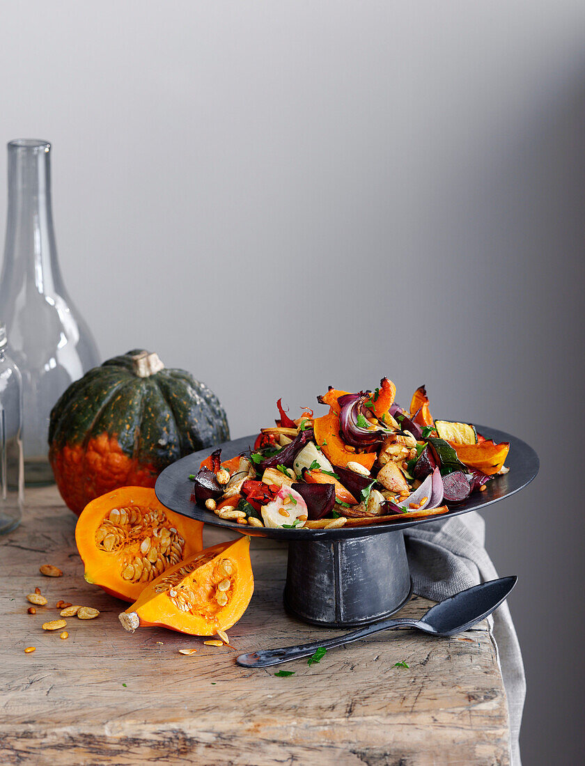 Autumn salad with pumpkin and roasted vegetables