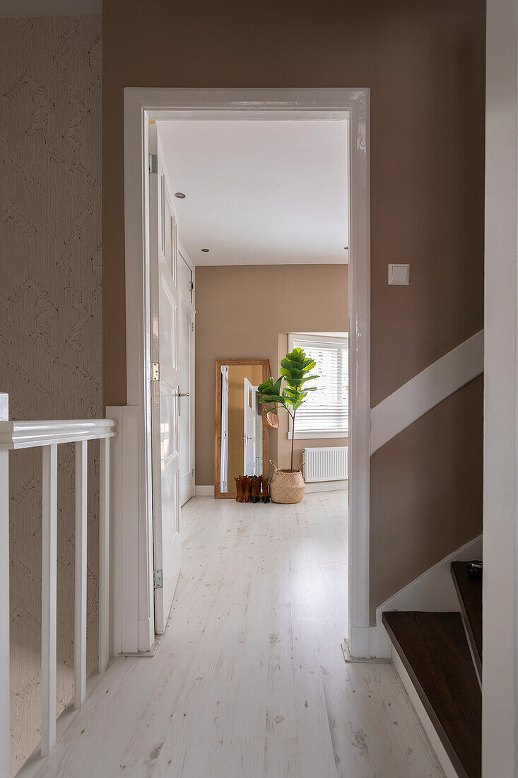 Hallway with light-coloured floor and view into a room with a houseplant