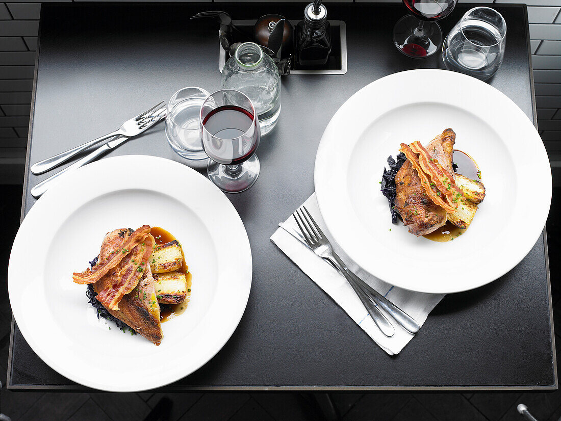 Pheasant breast with red cabbage, and pancetta