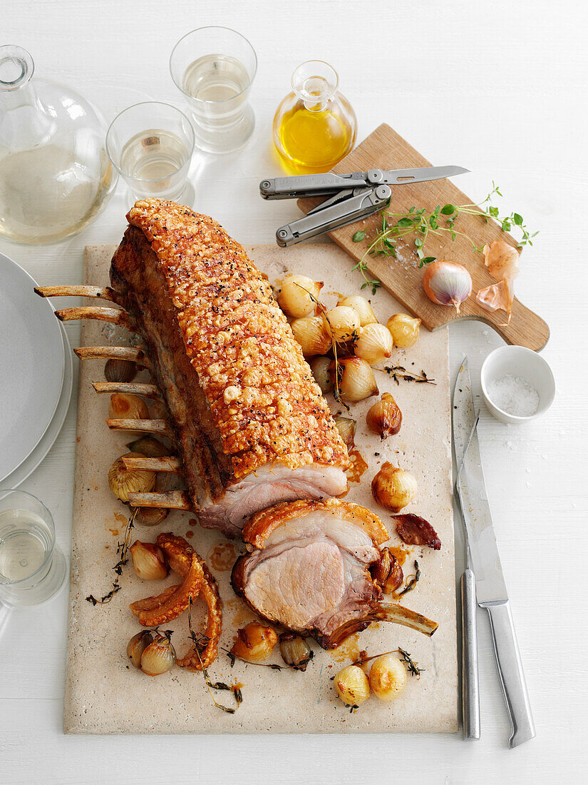 Roasted pork loin with thyme and shallots