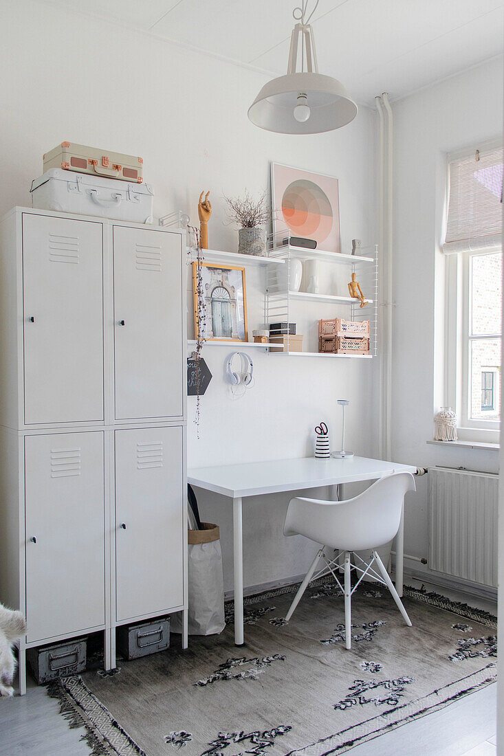 Workplace, locker with lockers and wall shelves in Scandinavian style