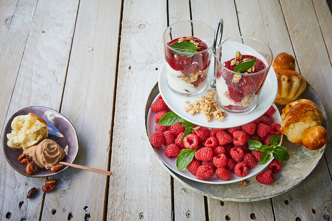 Fresh raspberries, brioche buns, and raspberry trifle