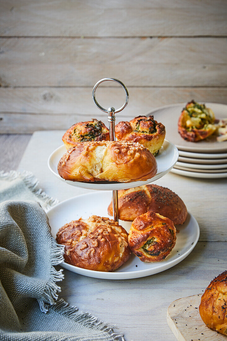 Breakfast pastry on a tiered dessert stand