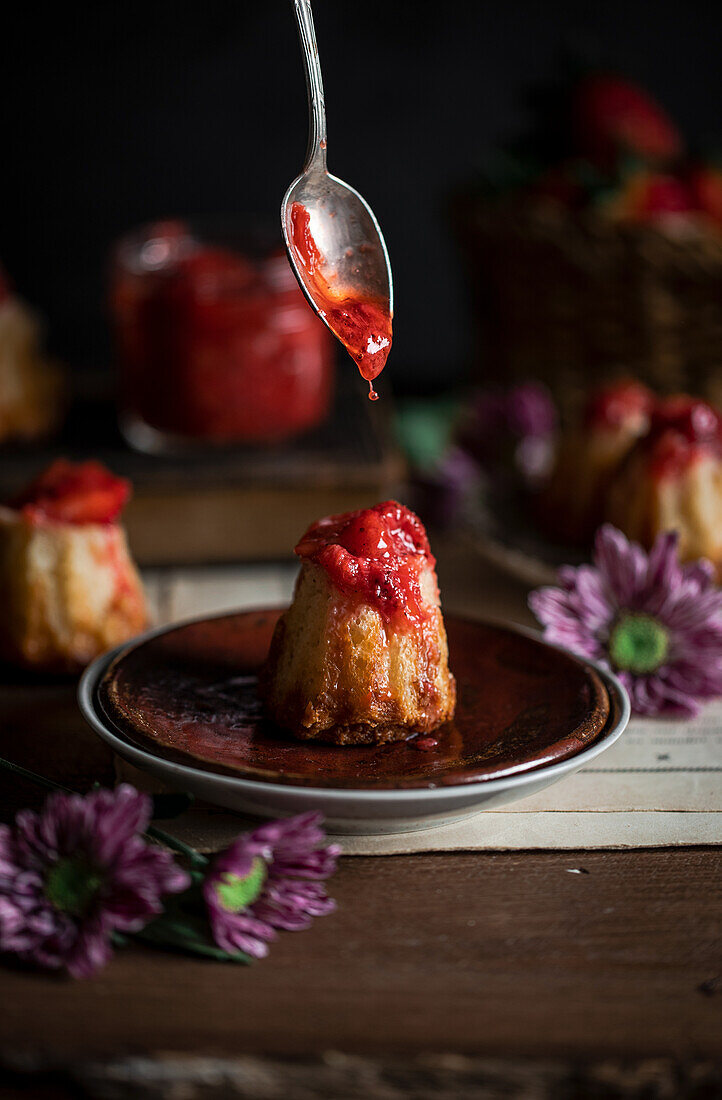 Caneles with rhubarb-strawberry compote