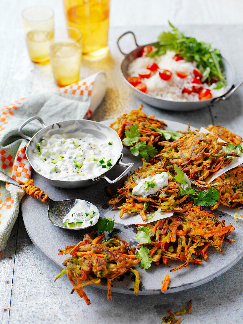 Vegetable pakora with rice salad