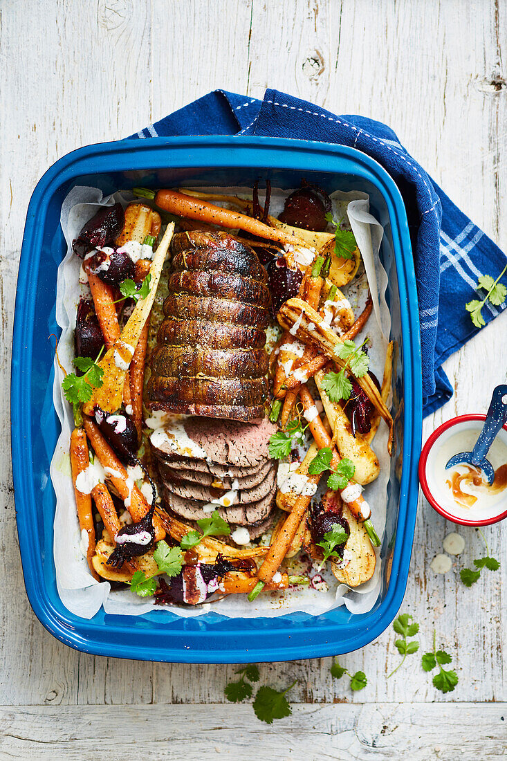 Spiced roast beef and root vegetables
