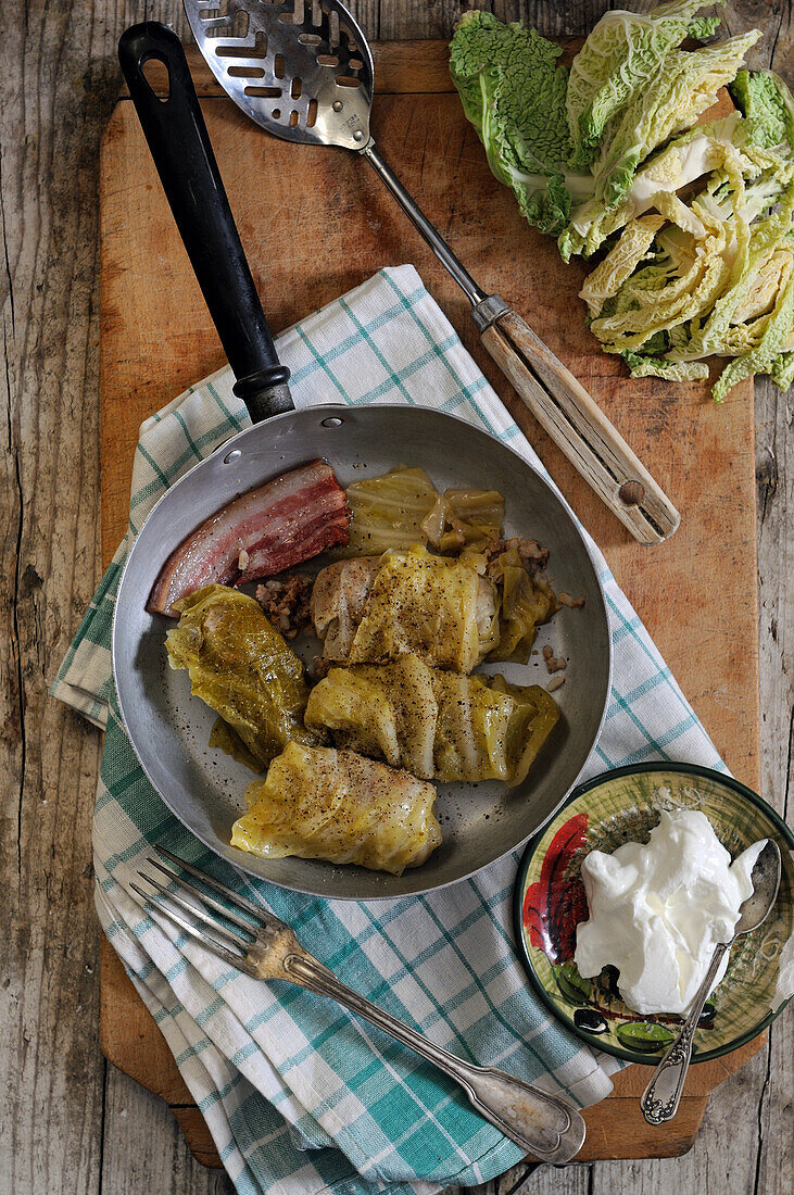 Stuffed cabbage rolls with sour cream