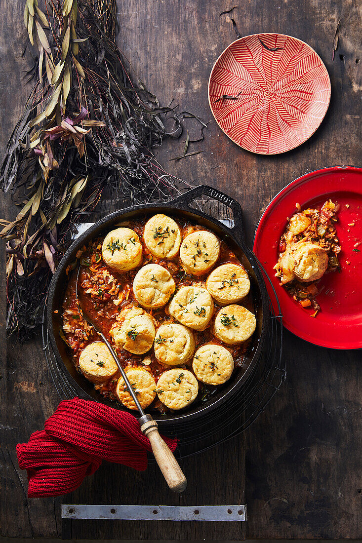 Beef mince casserole with herb and cheese cobbler