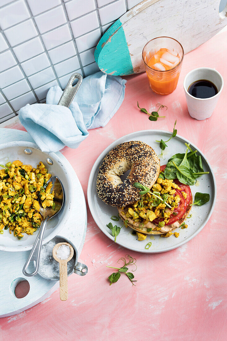 Scrambled tofu bagel