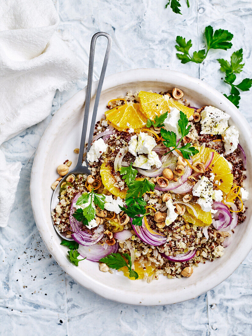 Five-grain salad with oranges and hazelnuts