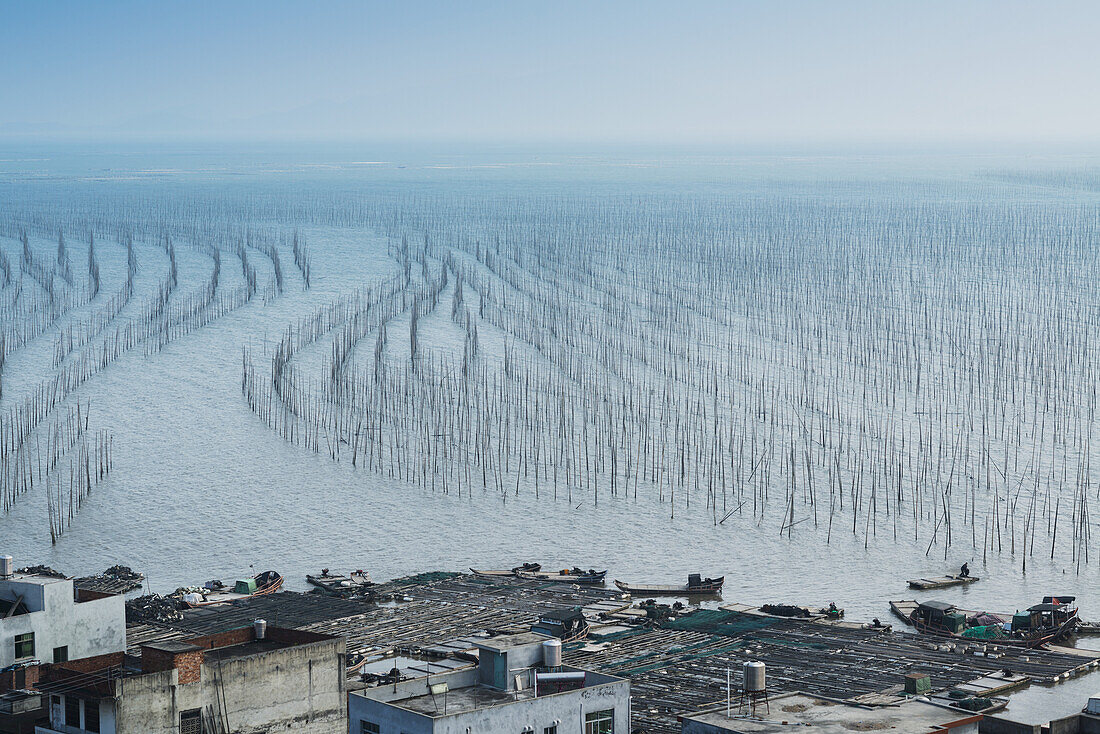 Fischerdorf und eine Struktur aus Pfosten im Wasser zum Aufhängen von Fischernetzen zum Trocknen; Xiapu, Fujian, China