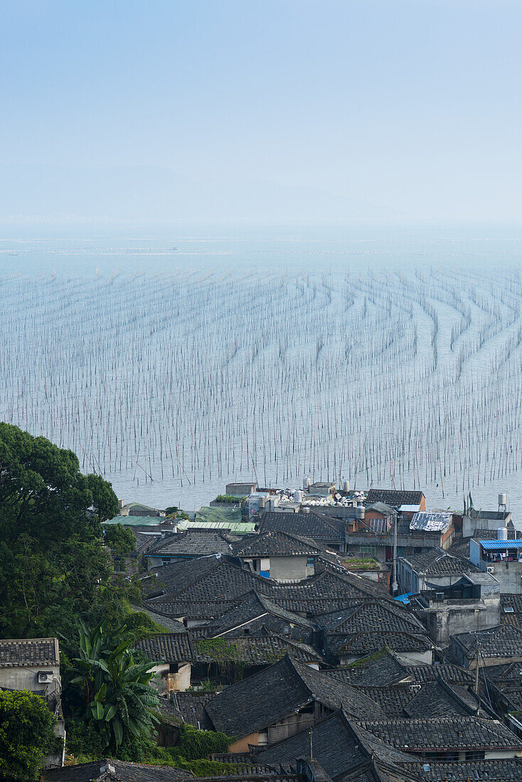 Fischerdorf und eine Struktur aus Pfosten im Wasser zum Aufhängen von Fischernetzen zum Trocknen; Xiapu, Fujian, China