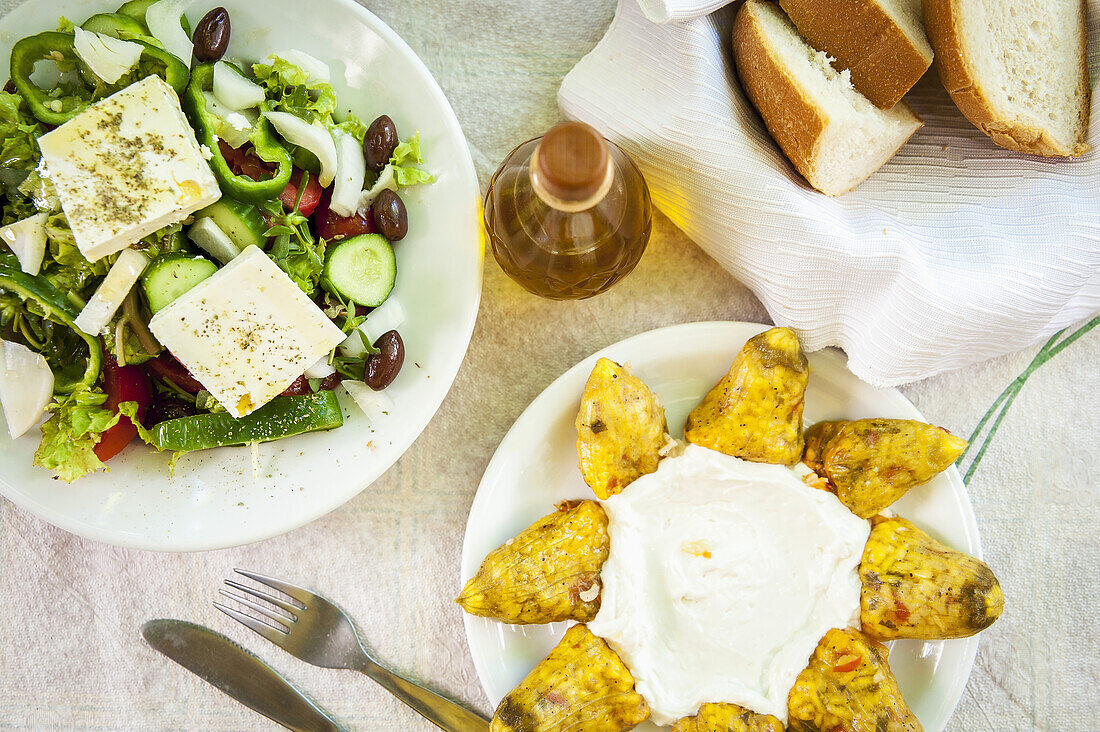 Traditional Greek Meal; Lasithi Plateau, Crete, Greece