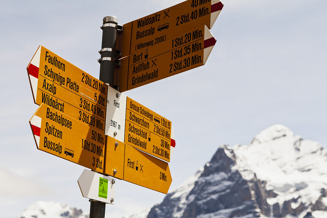 Entfernungen und Ziele auf einem Schild mit einem schneebedeckten Berg im Hintergrund; Grindelwald, Berner Oberland, Schweiz
