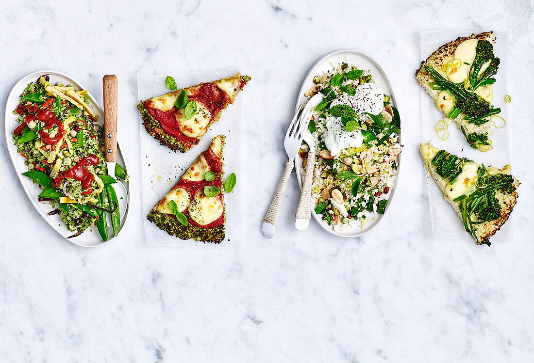 Gebratener Brokkoli-Reis, Brokkoli-Pizza, nussiges Blumenkohl-Couscous, Blumenkohl-Pizza