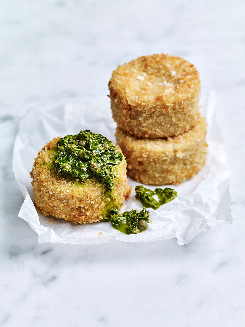 Cheesy crisp polenta cakes with salsa verde