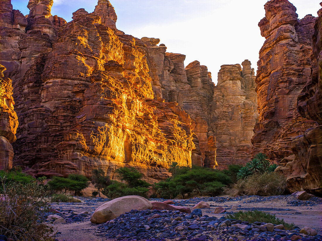 Felsklippen und Tal, bei Tabuk; Saudi-Arabien