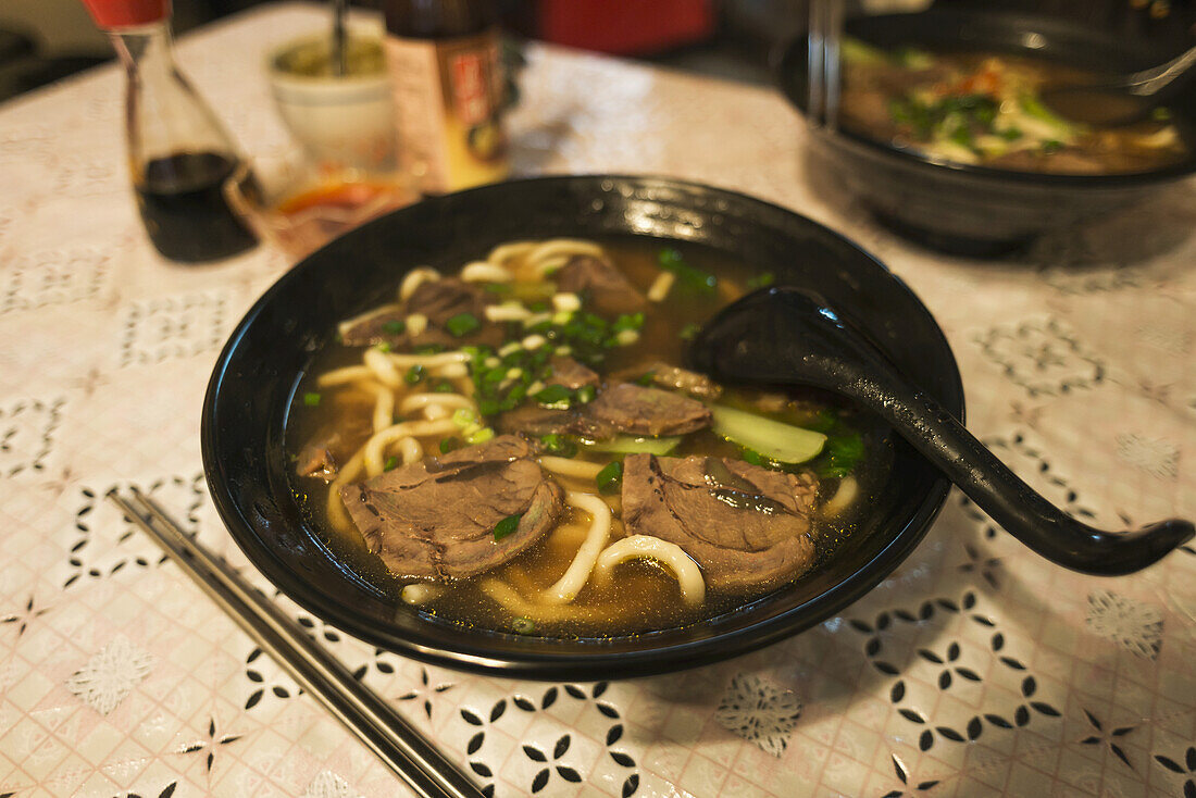 Traditional Taiwanese Beef Noodle Soup Made In A Jincheng's Local Restaurant; Kinmen Island, Taiwan