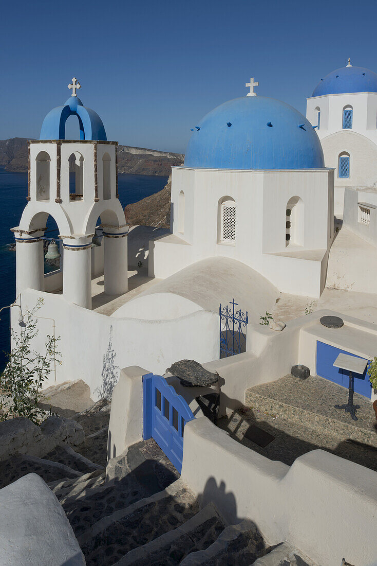 Blue Domed Churches Overlooking The Caldera; Oia, Santorini, Cyclades, Greek Islands, Greece