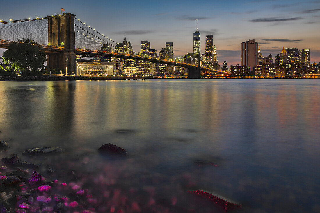 Lower Manhattan At Twilight With The Brooklyn Bridge, Brooklyn Bridge Park; Brooklyn, New York, United States Of America