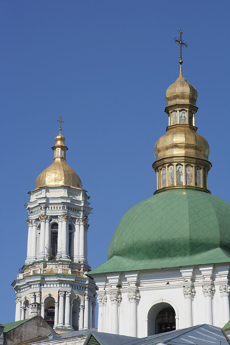 Church Of The Raising Of The Cross, Entrance To The Lower Cave Complex At The Pecherska Lavra Where Pilgrims Pray At The Glass Coffins Of Mummified Monks, Plus Great Bell Tower Beyond; Kiev, Ukraine