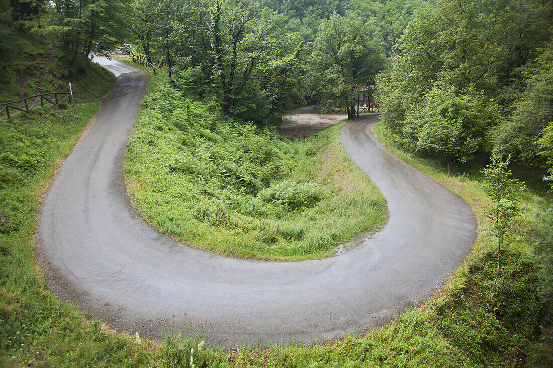 Kurvenreiche Straße durch die Alpuaner Alpen; Lucca Garfagnana, Toskana, Italien