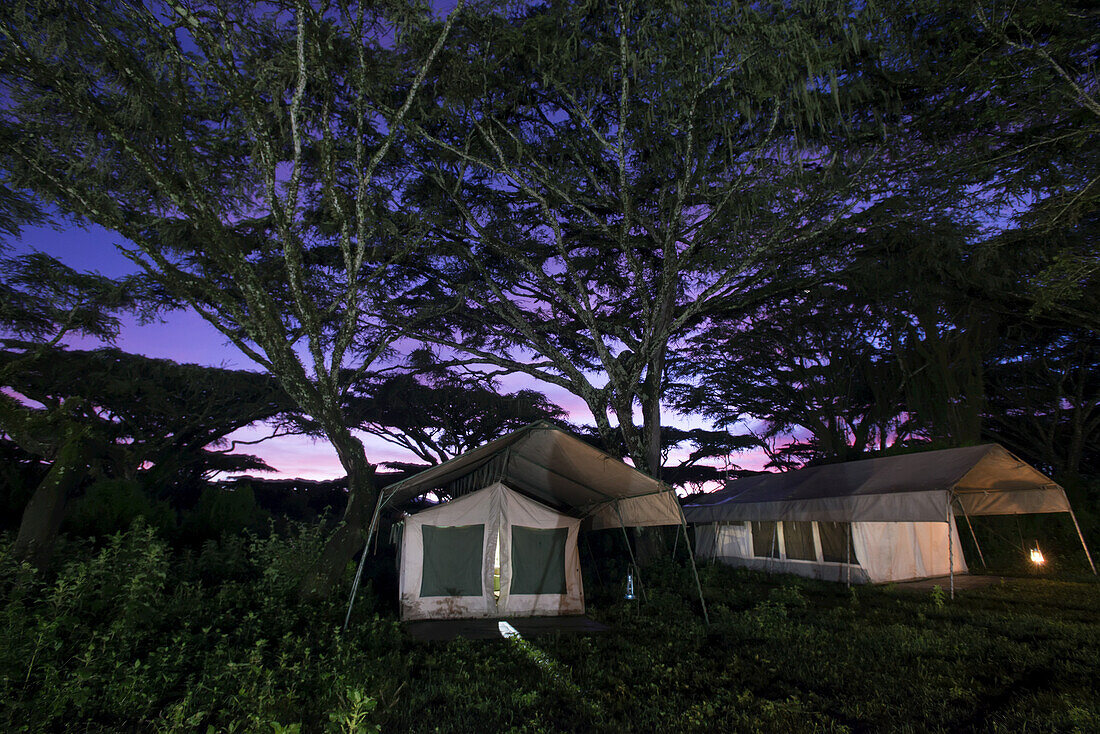Safari-Camp-Zelte bei Sonnenaufgang am Rande des Ngorongoro-Kraters; Tansania