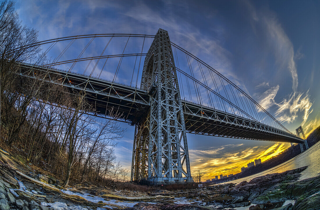 George Washington Bridge At Sunset, Fort Washington Park; New York City, New York, United States Of America