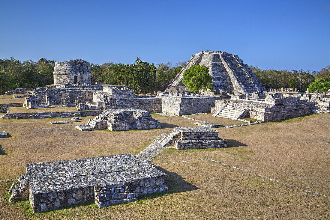 Round Temple (Back, Left), Castillo De Kukulcan (Back, Right), Mayapan Mayan Archaeological Site; Yucatan, Mexico