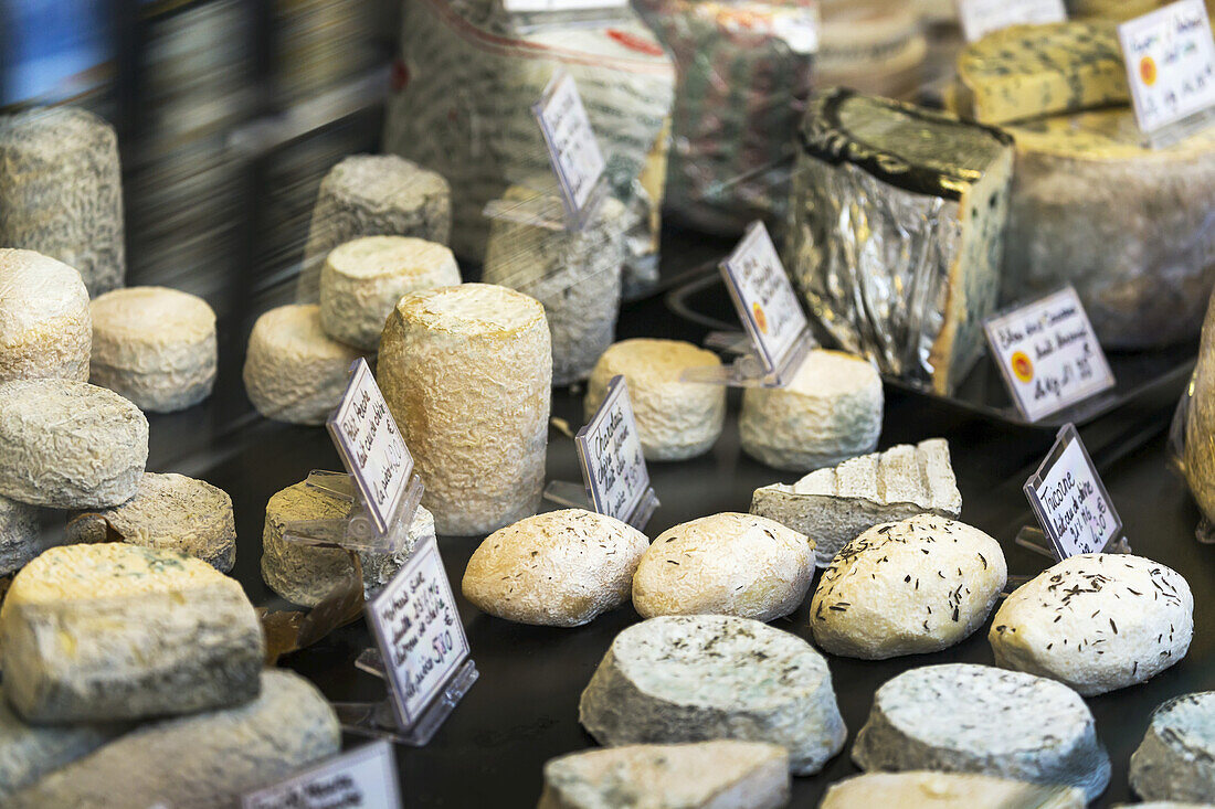 Nahaufnahme einer Käseauslage in einem Schaufenster; Dinan, Bretagne, Frankreich