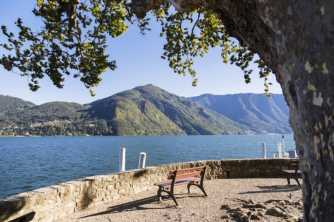 The End Of The Waterfront Where You Can Sit And Enjoy This Mountain Viewpoint Of Lake Como; Cadenabbia, Lombardy, Italy
