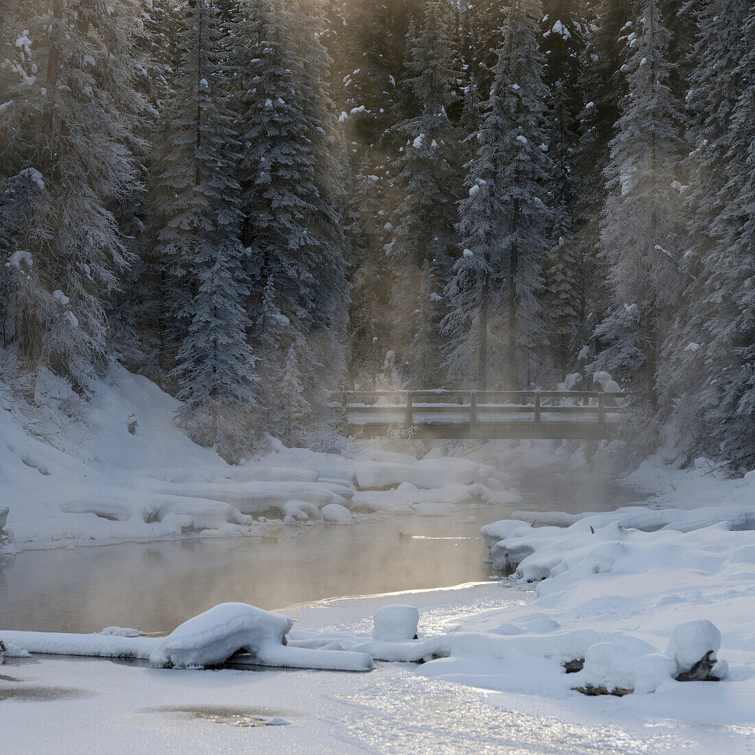 Sonnenlicht durch die neblige Luft über einer schneebedeckten Landschaft und einer Brücke, die über das Wasser führt; Emerald Lake, British Columbia, Kanada