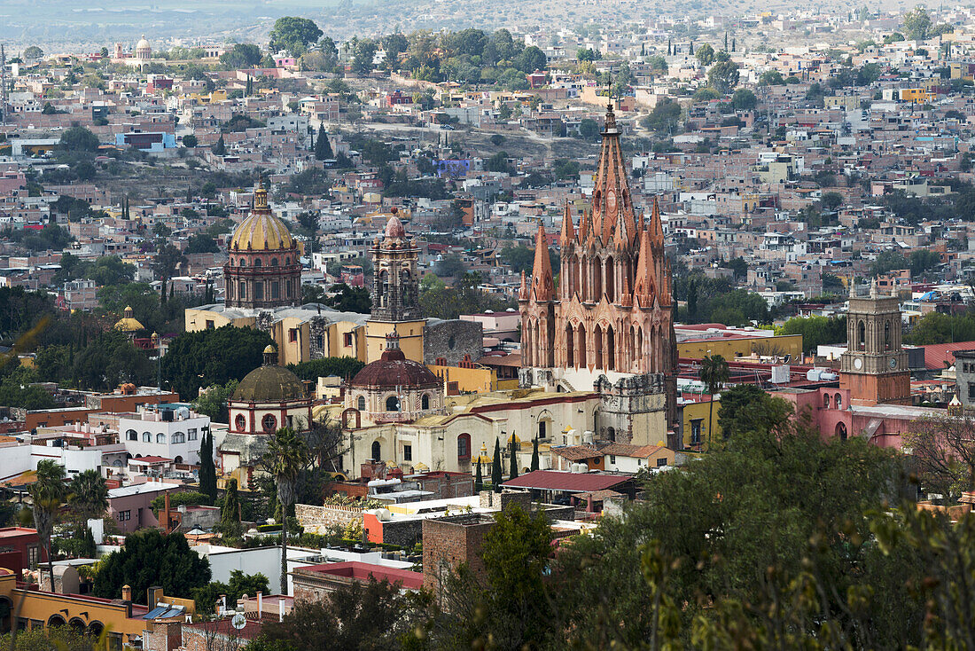 Cityscape With Church Building Rising Above Other Buildings; San Miguel De Allende, Guanajuato, Mexico