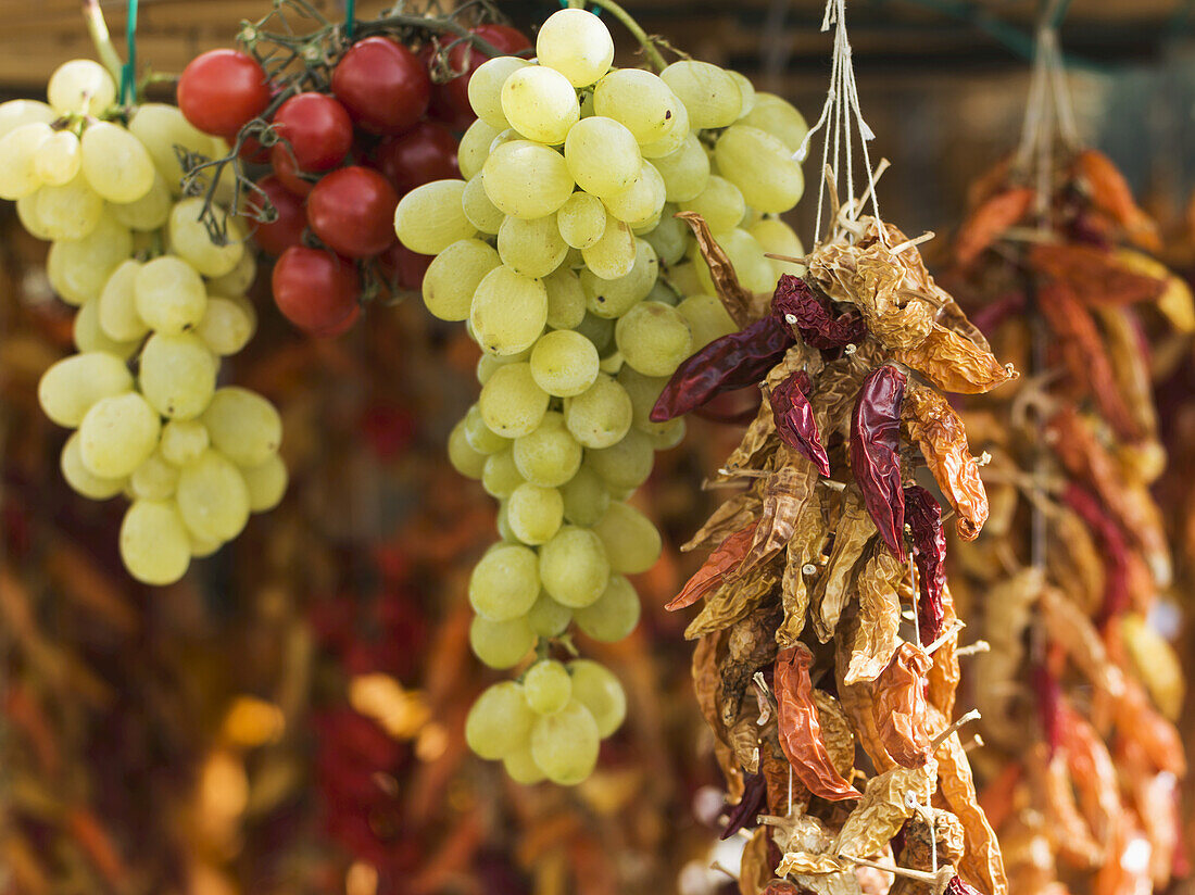 Fresh And Dried Fruit Hanging; Positano, Campania, Italy