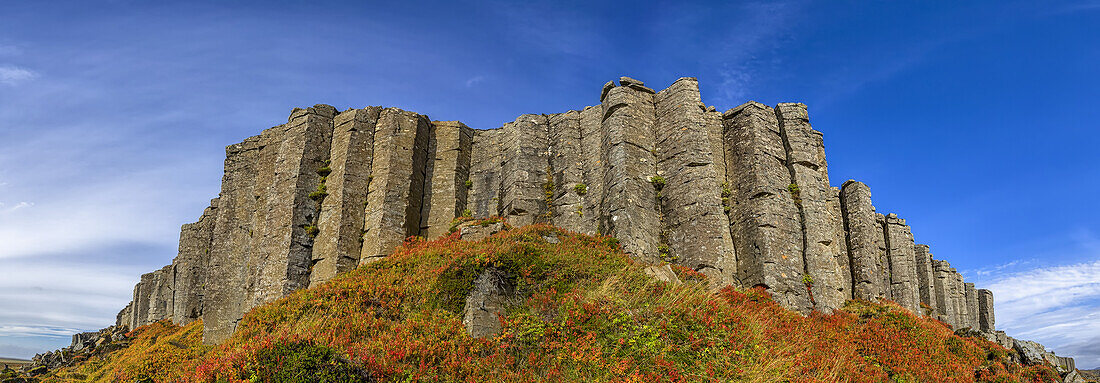 Eine vertikale Wand aus erstarrter Lava formt sechseckige Formen auf der Halbinsel Snaefellsnes; Island
