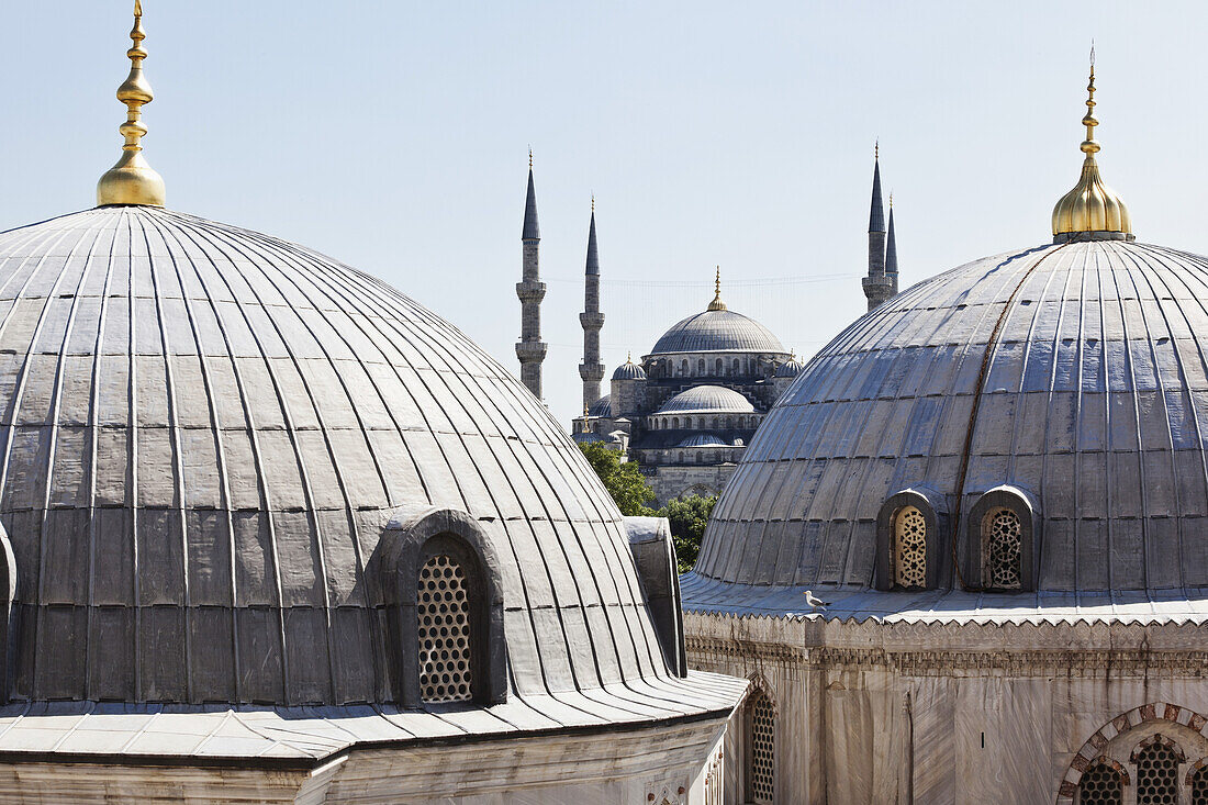 Blick auf die Blaue Moschee vom Fenster der Aya Sofia in Sultanahmet, der Altstadt von Istanbul; Istanbul, Türkei