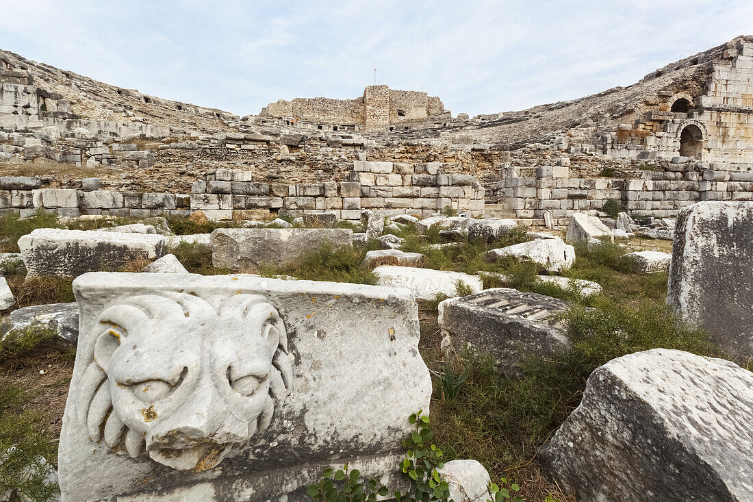 Skulptur eines Löwen bei den Ruinen eines Amphitheaters; Milet, Türkei