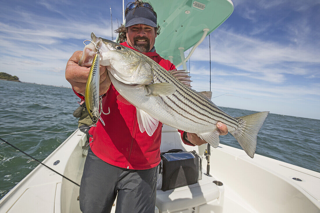 A Man Stands In A Boat Holding A Large Fish Off The Atlantic Coast; Cape Cod, Massachusetts, United States Of America