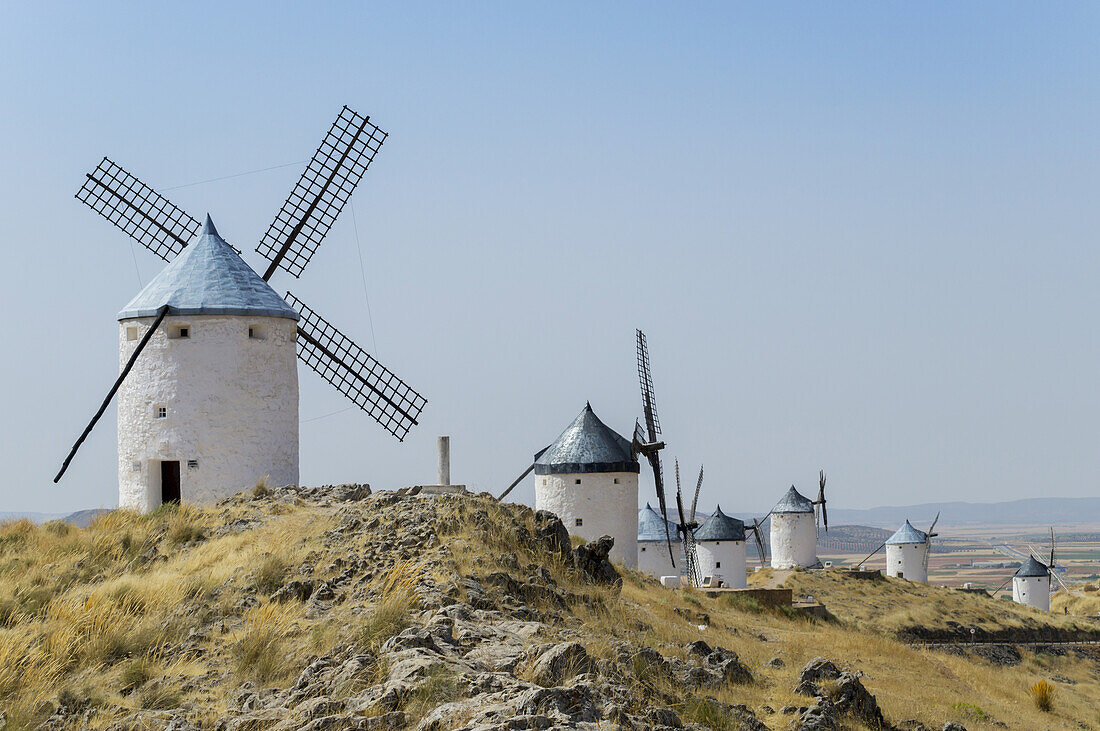Windmühlen in einer Reihe vor einem blauen Himmel; Consuegra, Spanien