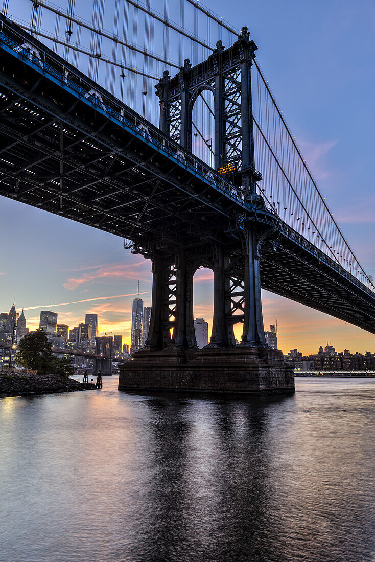 Manhattan Bridge And Nyc Skyline At Sunset, Brooklyn Bridge Park; Brooklyn, New York, United States Of America
