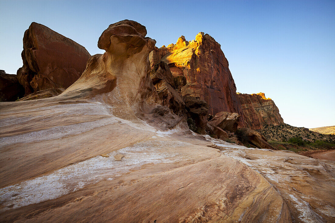 Smooth, Worn Rock Formations In The Foreground Sweeping Up To Tall Canyon Cliffs In The Background Under Clear Blue Skies, Capitol Reef National Park; Utah, United States Of America