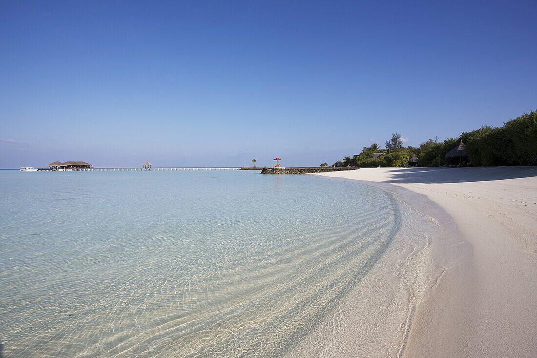 Classic White Sand Beach With Blue Sea And Palm Trees