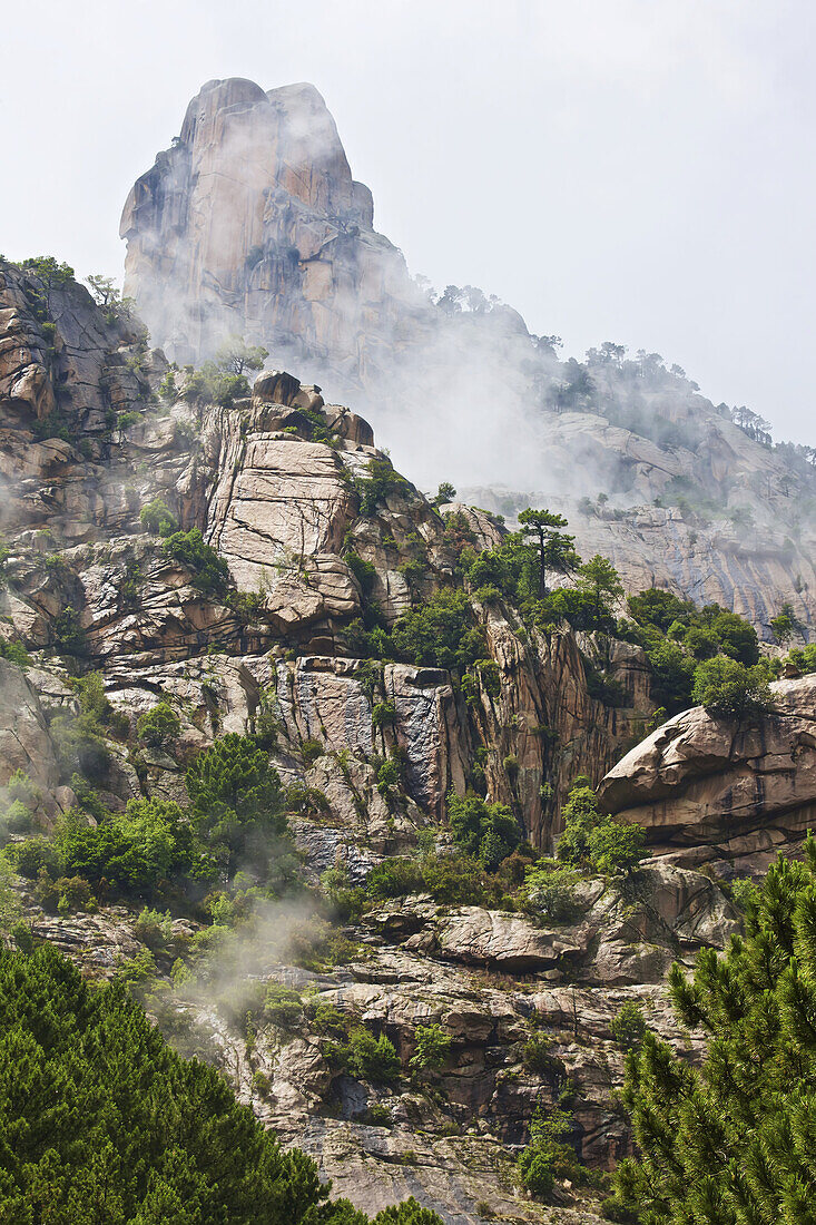 Nebelverhangene, zerklüftete Gipfel des Alta Rocca Gebirges