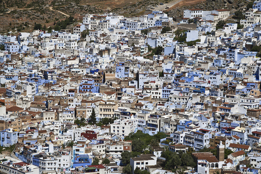 Medina von Chefchaouen von einem Hügel aus gesehen; Chefchaouen, Marokko
