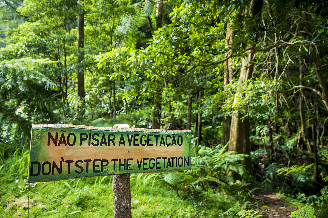 Schild in Monumento Natural Caldeira Velha, Nationalpark; Sao Miguel, Azoren, Portugal