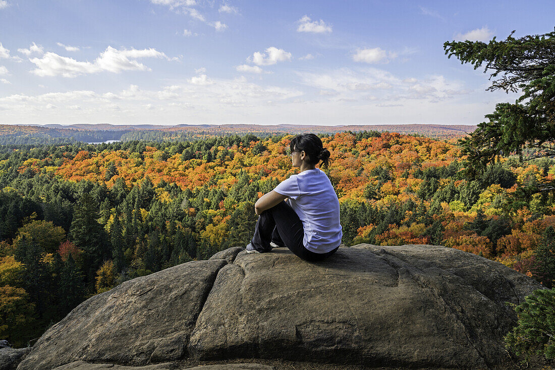 Frau, die ihre Beine umarmt, während sie auf einer Klippe sitzt und die Herbstfarben des Algonquin Park überblickt; Ontario, Kanada