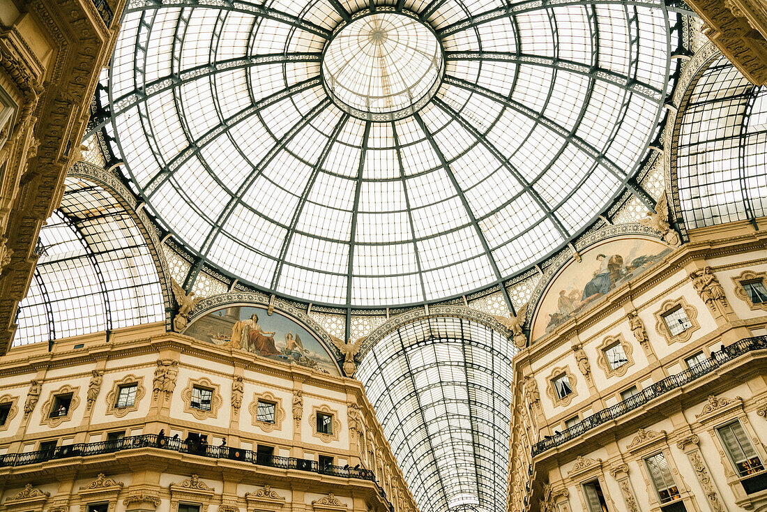 Ornate glass ceiling in luxury mall, Galleria Vittorio Emanuele Il; Milan, Italy